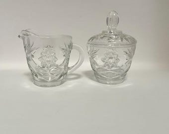 Vintage Anchor Hocking Creamer and Sugar With Lid &quot;Star of David&quot; Pressed Glass