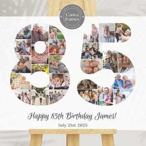 Colagem de fotos de aniversário de 85 anos • Colagem de fotos personalizada Canva • Presente personalizado para avó, avô • Número 85 Presente fotográfico para mãe e pai