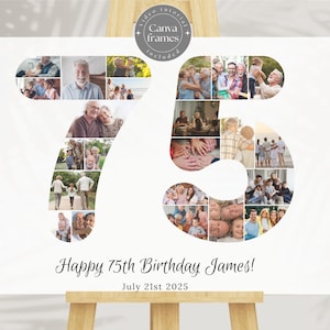 75th Birthday Photo Collage • Personalized Picture Collage Canva • Custom Gift for Grandma, Grandpa • Number 75 Photo Gift for Mother Father
