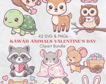 Paquete de imágenes prediseñadas de animales kawaii para San Valentín / 42 imágenes SVG y PNG adorables para el día de San Valentín / Gráficos de corazones y animales en tonos pastel / Descarga digital