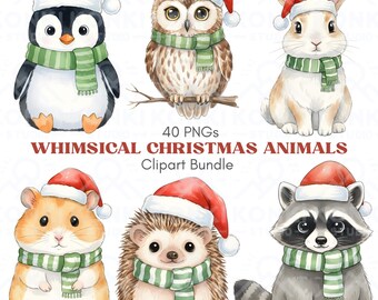 Whimsical Christmas Animals Clipart Bundle – 40 PNG Watercolor Festive Winter Animal | Instant Download