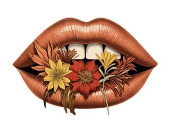 May include: A pair of red lips with a bouquet of colorful flowers spilling out of them.