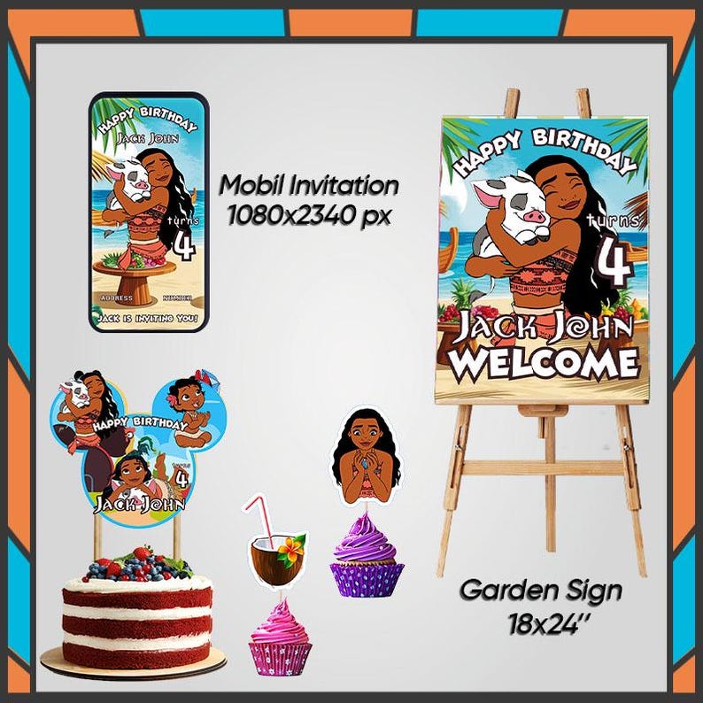 May include: A birthday party theme set featuring a mobile invitation, a garden sign, cake toppers, cupcakes, and a coconut drink. The sign is 18x24 inches. The theme includes illustrations of a girl and a pig.