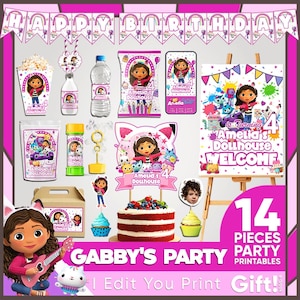 Decoración de cumpleaños para la casa de muñecas de Gabby: Kit imprimible para fiesta de niña / Plantillas de cumpleaños editables