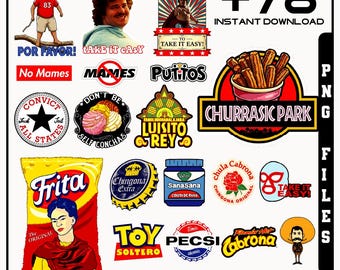 Bundel grappige Mexicaanse stickers in PNG-formaat, 78 culturele humoristische vinylstickers, digitale kunst met Mexicaans erfgoed voor Cricut en scrapbooking.