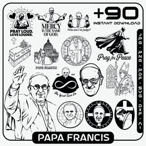 Pacote SVG Papa Francisco | 90 arquivos Cricut católicos | Citações, retratos, símbolos e arte religiosa | Download digital