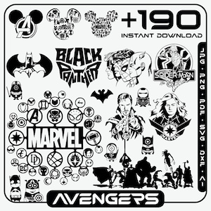 May include: A selection of black and white superhero graphics, including Marvel, DC, and Avengers logos. The image showcases characters such as Spider-Man, Captain Marvel, and Black Panther, with the text "+190 INSTANT DOWNLOAD".
