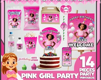 Kit verjaardagsfeestje Pink Girl: bewerkbare canva-sjablonen (digitale download)