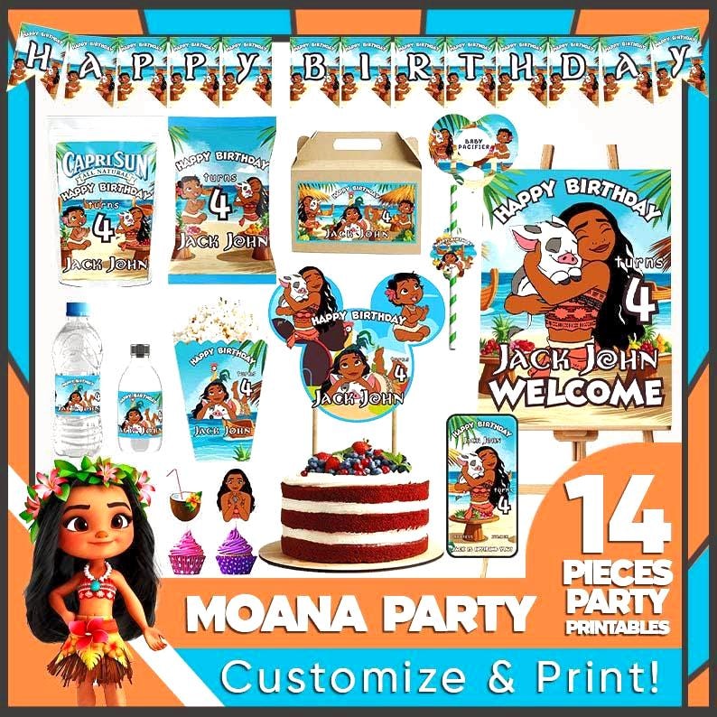 May include: A colorful Moana-themed party set with various decorations, including banners, Capri Sun pouches, popcorn containers, and a cake. The set includes a banner that says "Happy Birthday" and the text "Moana Party".