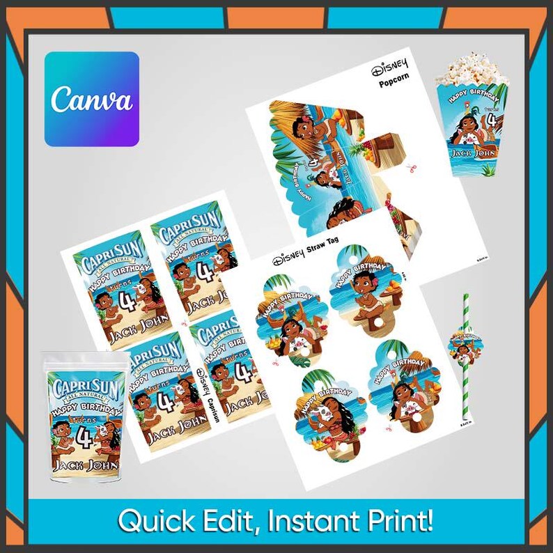 May include: A collection of Disney-themed party printables, including Capri Sun labels, popcorn boxes, straw tags, and decorative cutouts. The designs feature characters and the text "Happy Birthday" and "4". The Canva logo and the text "Quick Edit, Instant Print!" are also visible.