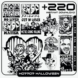 Puede incluir: Gráfico de descarga digital en blanco y negro con personajes y frases de películas de terror. Incluye imágenes de Michael Myers, Freddy Krueger y Chucky, con texto que dice "Horror Halloween" y "+220 Instant Download."