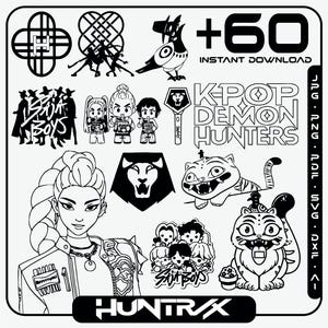 Puede incluir: Ilustración digital en blanco y negro con varias ilustraciones, incluyendo figuras estilizadas, una urraca y un tigre. El texto incluye "+60 INSTANT DOWNLOAD", "K-POP DEMON HUNTERS", "BAD BOYS" y "HUNTRAX".
