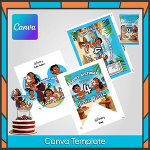 May include: A collection of birthday party supplies featuring Disney's Moana characters. Includes a cake topper, flag, and chip bag designs. The designs feature the text "Happy Birthday turns 4" and "Jack John". The Canva logo is visible.