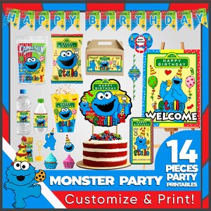 May include: A collection of Monster Party printables, including banners, cake toppers, and food labels. The design features a blue monster character with the name "Stella" and the text "Happy Birthday". The set includes 14 pieces and is customizable.
