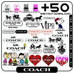 Könnte beinhalten: Eine Sammlung von Coach-Themen-Grafiken, darunter Logos, Snoopy und herzförmige Designs. Das Bild zeigt den Text "+50 INSTANT DOWNLOAD" und verschiedene Coach-Logos mit dem Text "NEW YORK" und "EST. 1941".