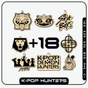 May include: A selection of laser-cut wooden charms with diverse designs, such as cat faces, a lion, and the text "SAJA BOYS" and "K-POP DEMON HUNTERS". The number "+18" is also visible. The bottom of the image reads "K-POP HUNTERS".