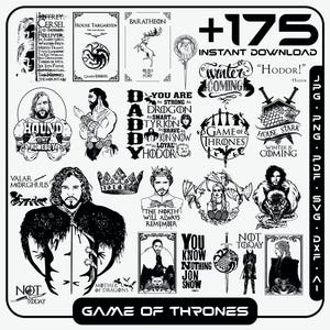 Puede incluir: Una colección de descargas digitales en blanco y negro con temática de Juego de Tronos. Incluye retratos de personajes, símbolos de casas y citas como "Winter is Coming" y "You Know Nothing Jon Snow".