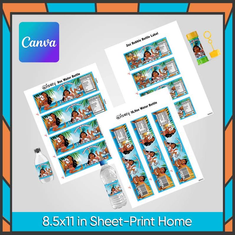 May include: A collection of Disney-themed water bottle labels and bubble bottle labels. The labels feature a cartoon character, the text "Happy Birthday", and the number "4". The image also includes a bottle of bubbles and two water bottles.