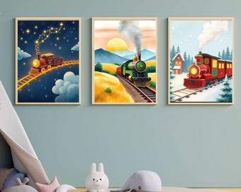 Train Nursery Art Print Set, Kids Room Wall Decor (Digital File)
