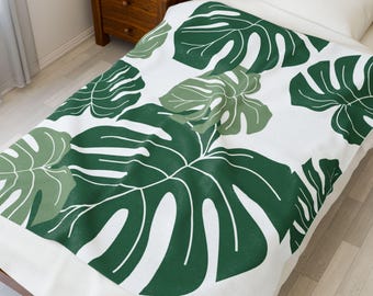 Velveteen Plush Blanket, Monstera Leaf Throw, Tropical Home Decor