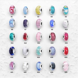 May include: A selection of 25 charm beads in various colours and designs. Each bead features a silver-toned core and unique patterns, including floral motifs, glitter, and shades of blue, pink, and green. The beads are arranged in a grid.