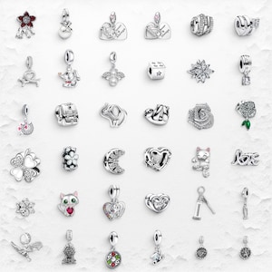 May include: A collection of thirty silver-toned metal charms featuring various designs including hearts, animals, flowers, stars, and geometric shapes. Many charms are embellished with clear crystals, colored enamel accents, and engraved text.