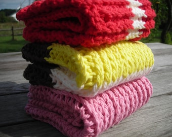 Three Colorful Double Knitted Kitchen Dish Cloths with Round Scrubby
