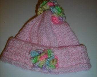 Pink Knitted Hat with Crocheted  Multi Colored Flowers for Newborn Girl to 3 Months