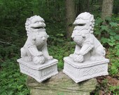 Pair of 10 1 2 quot Tall Cement Opposite Facing Foo Dogs on Pedestal Garden Art Statue Concrete