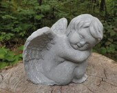 5 quot Cement Antiqued Gray White Angel Cherub Sleeping Sitting Garden Art Concrete Statue
