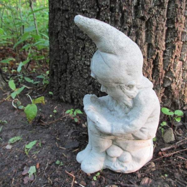 12 1/2" Tall Cement Gnome Elf Reading Book Garden Art Statue Concrete