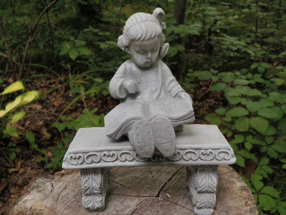 Antiqued Cement Girl Reading Book Bench Pair Garden Art Etsy