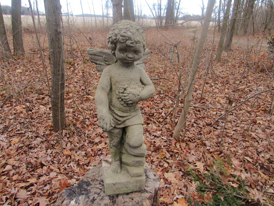 Vintage 18" Cement Angel Cherub Concrete Garden Art Weathered Antique ...