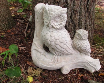Large 14" Cement Owl Pair Sitting on Branch Bird Garden Art Statue Concrete Statuary