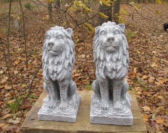 7" Cement Lion Pair Sitting Up Garden Art Concrete Statue Antiqued Grey & White Leo Feline King of Jungle Display