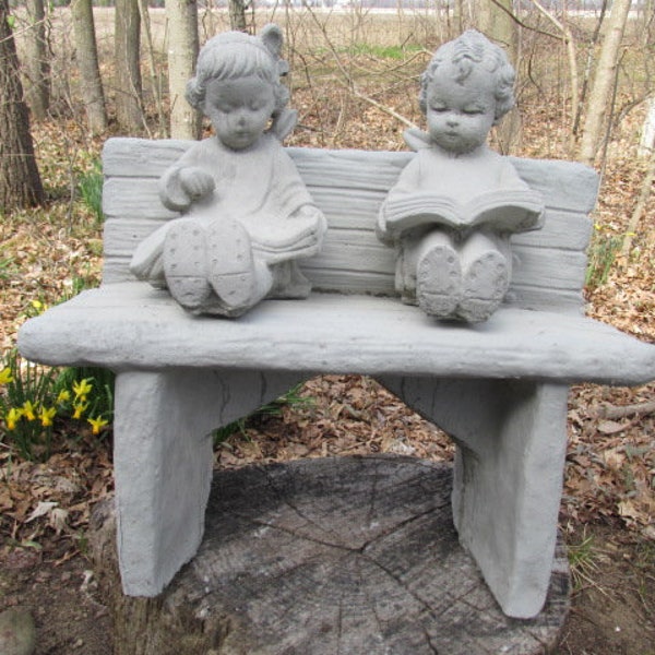 Cement Bench w/Boy & Girl Reading Book Set Garden Art Concrete Statue Collection