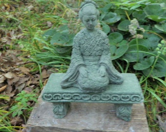 6" Tall Cement Geisha Girl & 7 1/2" Long Bench Pair Green Patina Garden Art Concrete Asian Statue