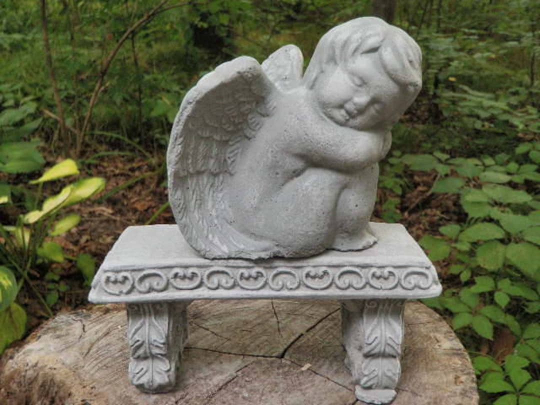 Antiqued Cement Angel & Bench Pair Garden Art Concrete Statue Gray and ...