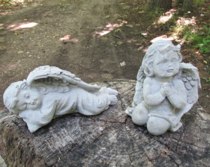 Adorable Pair of Cement Baby Angel Cherub Garden Art Concrete Statue ...