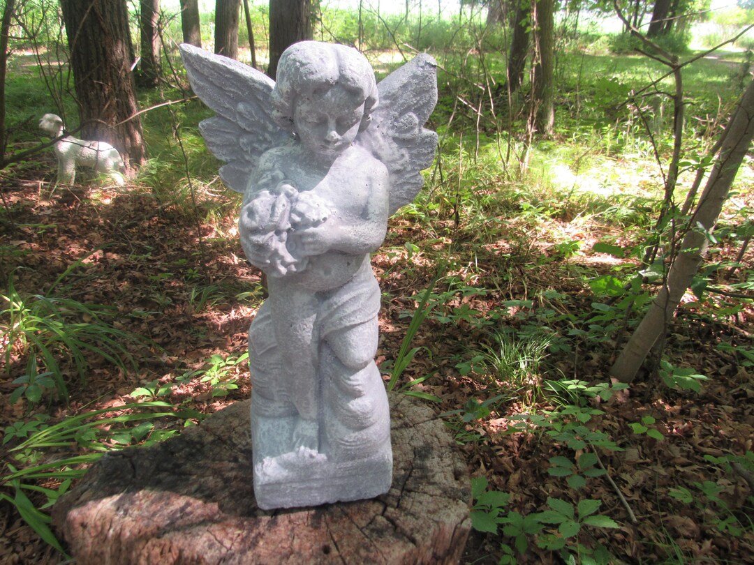 12" Tall Cement Angel Cherub Garden Art Concrete Statue Antiqued Grey ...