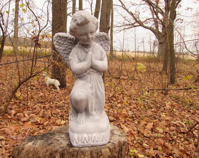 13 1/2" Tall Cement Angel Cherub Garden Art Concrete Statue Antiqued ...