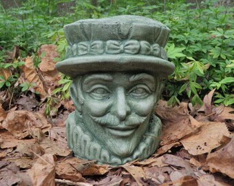 6" Tall Cement Gentleman Man Head Planter Garden Art Green Concrete Statue Hat