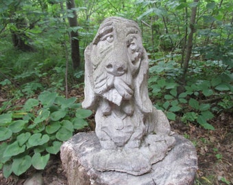Vintage 11" Tall Cement Sad Looking Dog Puppy Weathered Concrete Garden Art Statue