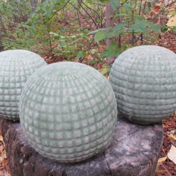 Cement 4 1/2 inch Garden Ball Concrete Statue Lot of 3 Orb Sphere w/Green Patina