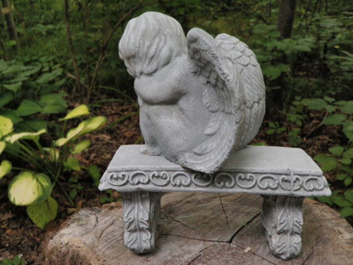 Antiqued Cement Angel & Bench Pair Garden Art Concrete Statue Gray and ...