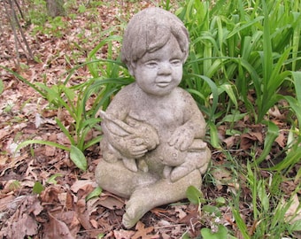 Vintage 15" Tall Cement Child Holding 2 Bunnies Weathered Garden Art Concrete Statue