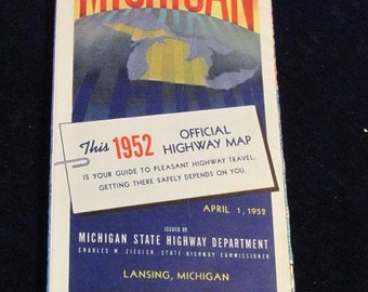 Actual Original Vintage Official April 1 1952 Michigan Highway State Road Map