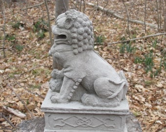 10 1/2" Tall Cement Foo Dog on Pedestal Garden Art Statue Concrete RIGHT foot Up on Top of Ball