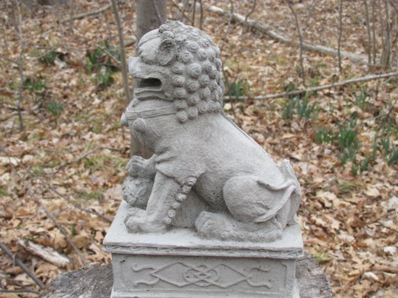 10 1/2 Tall Cement Foo Dog on Pedestal Garden Art Statue Etsy