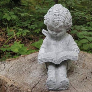 Antiqued Cement 6&quot; Tall Boy Reading Book Child Garden Art Concrete Statue Gray & White